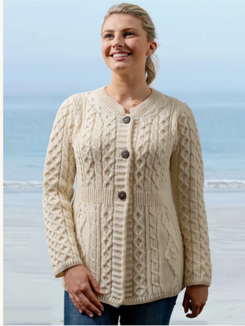 ARAN Women's Merino Wool A-Line Fit Cardigan Sweater Size XXL off-white Ireland